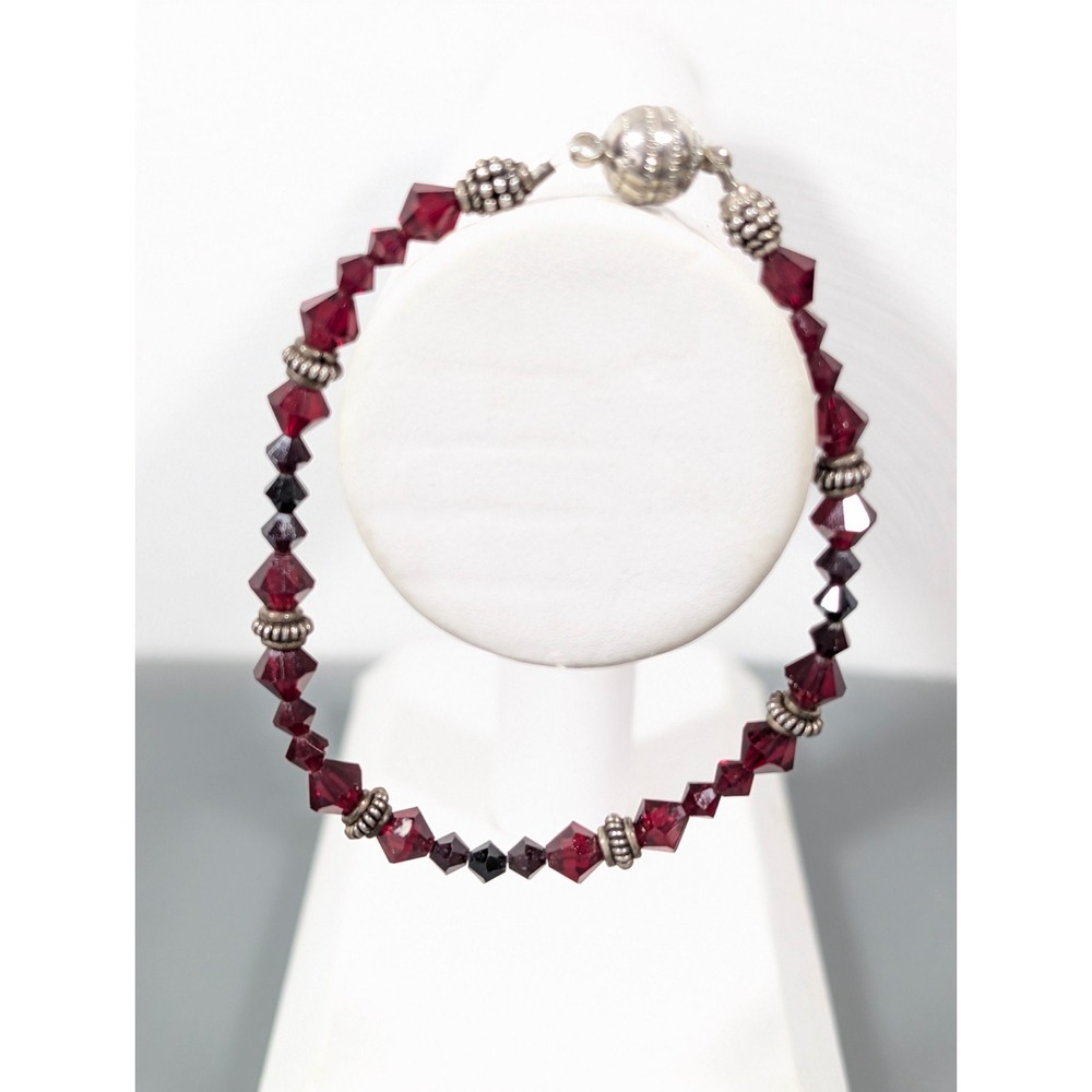 Dark Red Black Faceted Glass Bead Bracelet 6.5 in Magnetic Clasp Gothic Glam